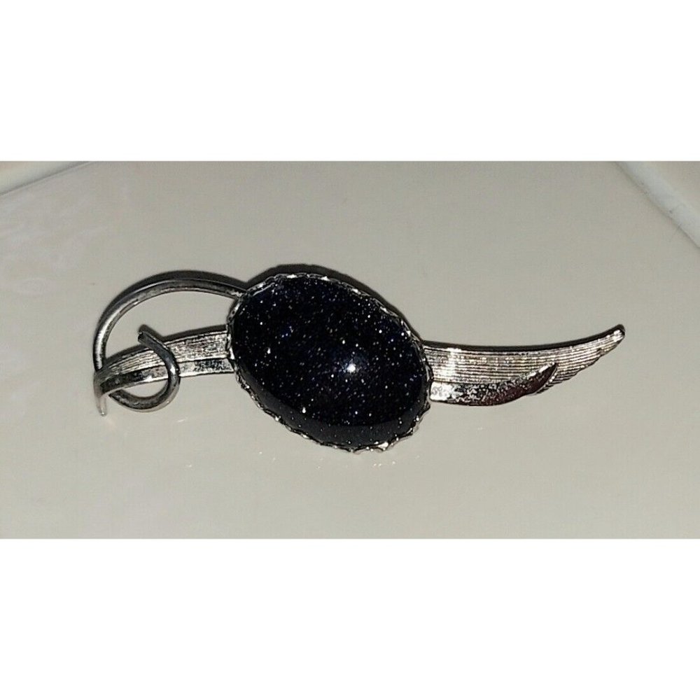 Vintage Silver With Blue Sandstone Gemstone Cabochon Goldstone Oval Pin Brooch